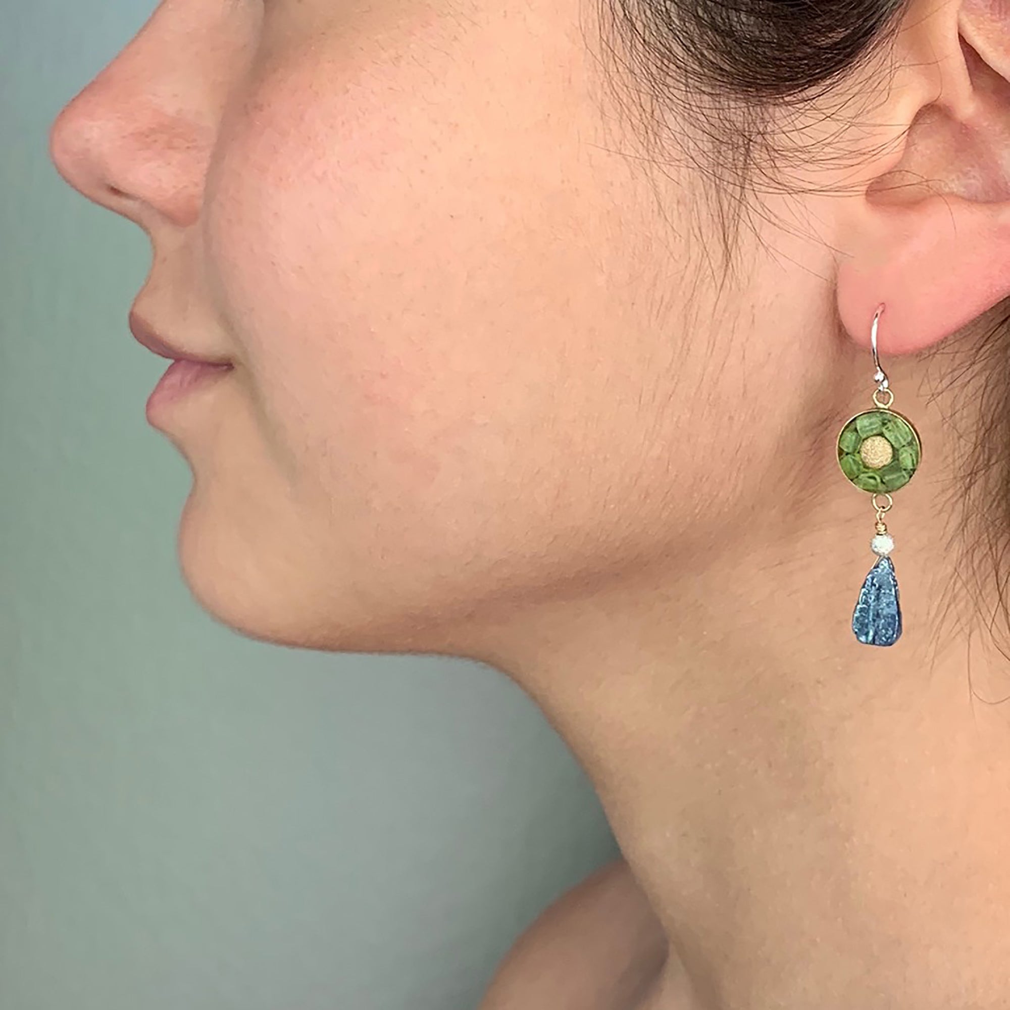 Gold, Peridot, and Kyanite mosaic earring