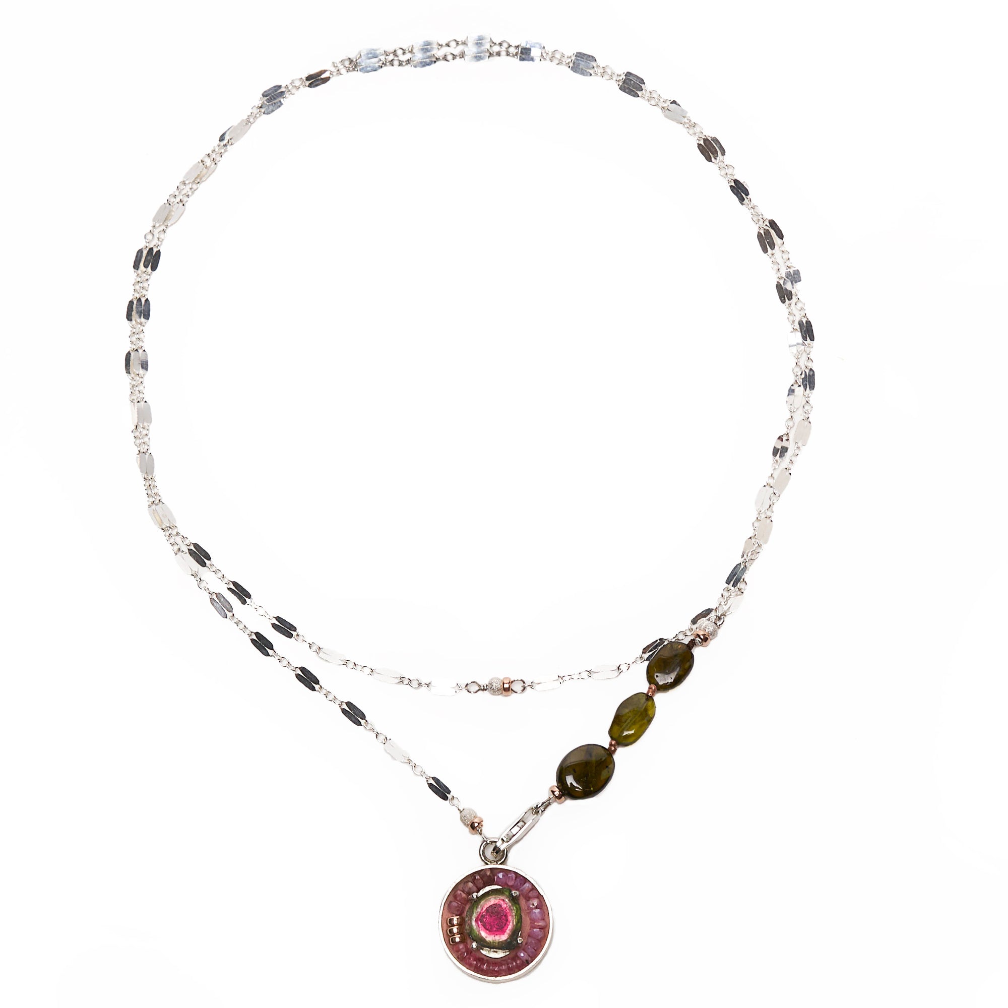 Tourmaline, peridot, and pink sapphire wrap necklace