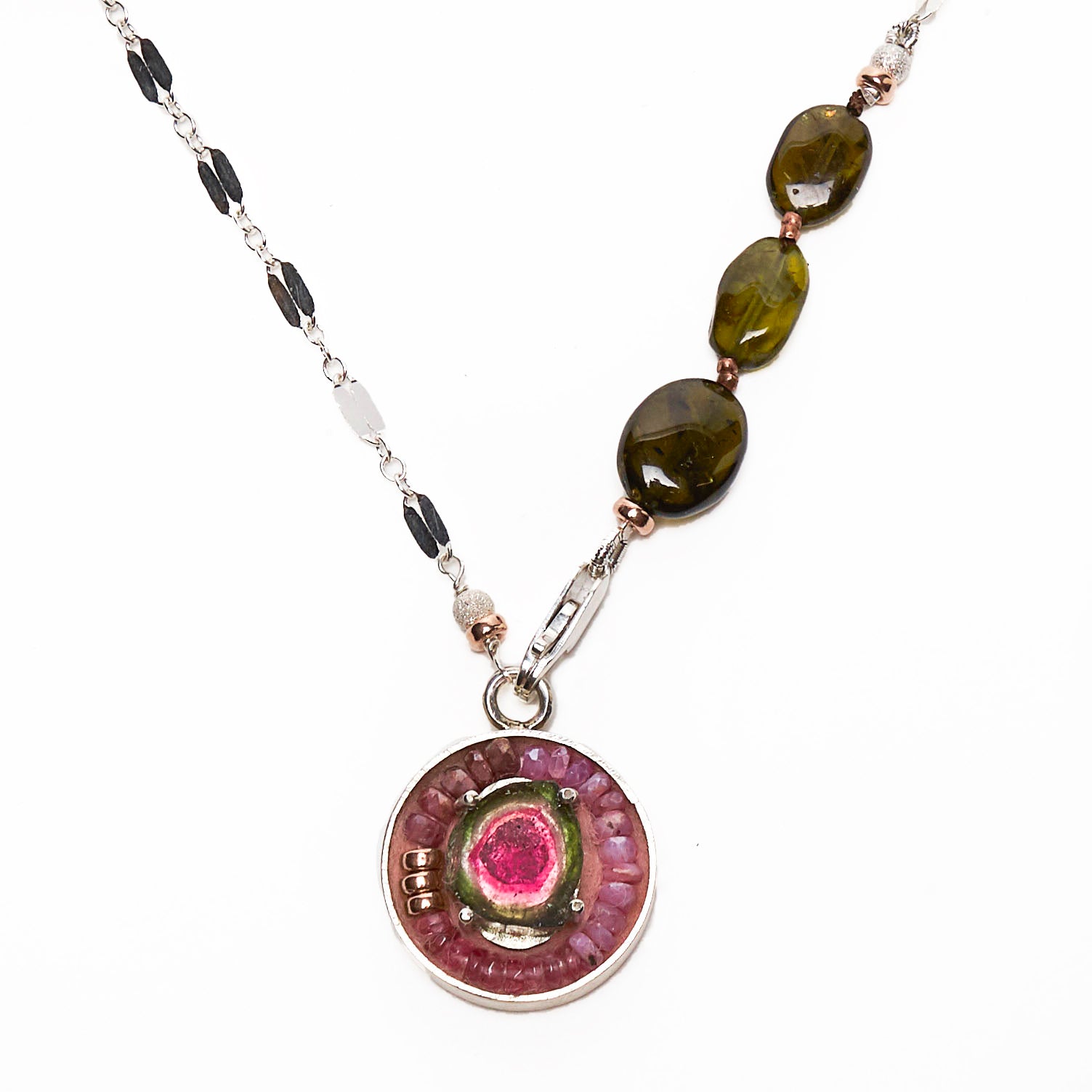 Tourmaline, peridot, and pink sapphire wrap necklace