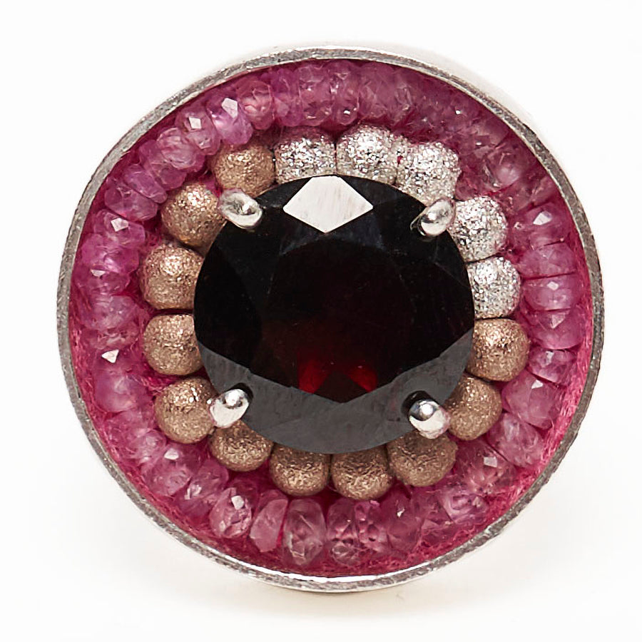 Crimson Nocturne (garnet, gold, and pink sapphire mosaic ring)