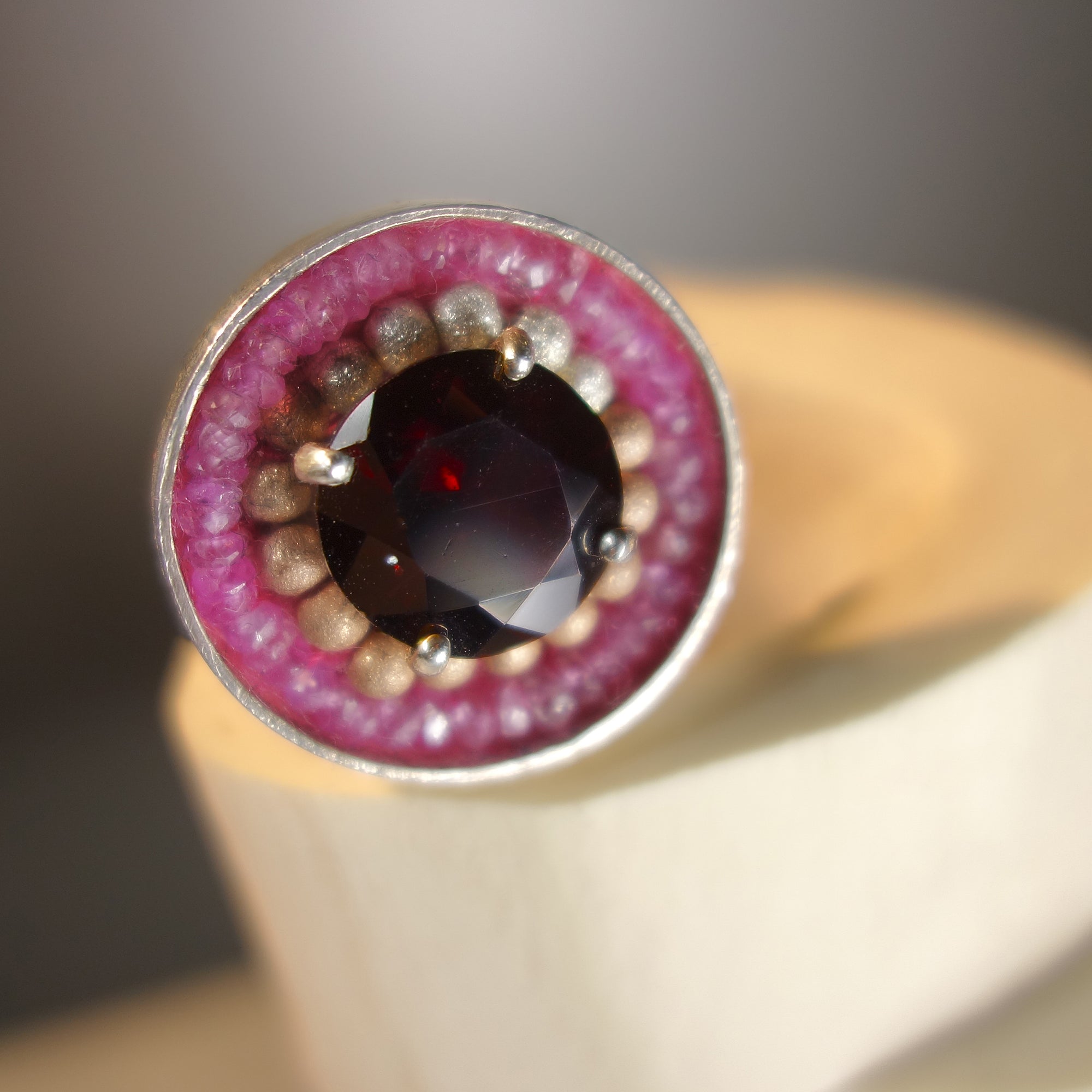 Crimson Nocturne (garnet, gold, and pink sapphire mosaic ring)