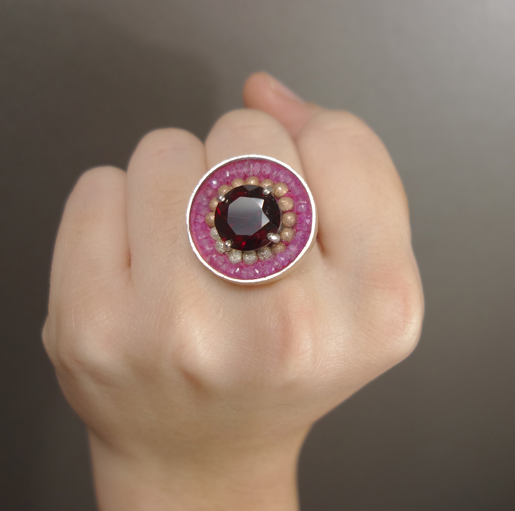 Crimson Nocturne (garnet, gold, and pink sapphire mosaic ring)