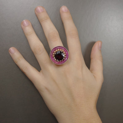 Crimson Nocturne (garnet, gold, and pink sapphire mosaic ring)