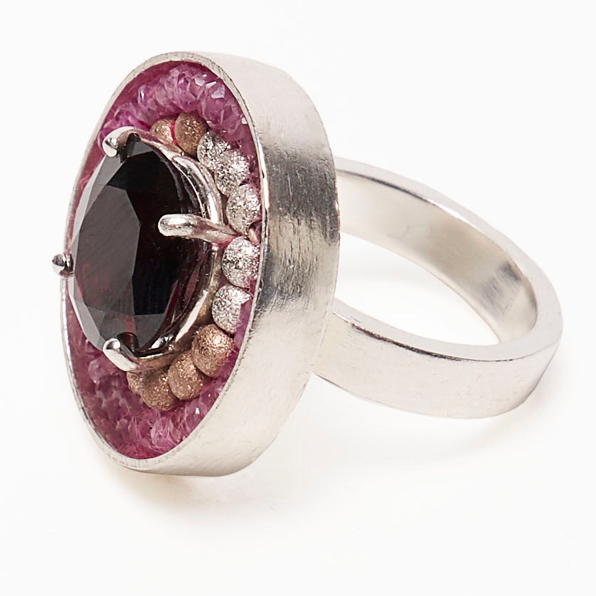Crimson Nocturne (garnet, gold, and pink sapphire mosaic ring)