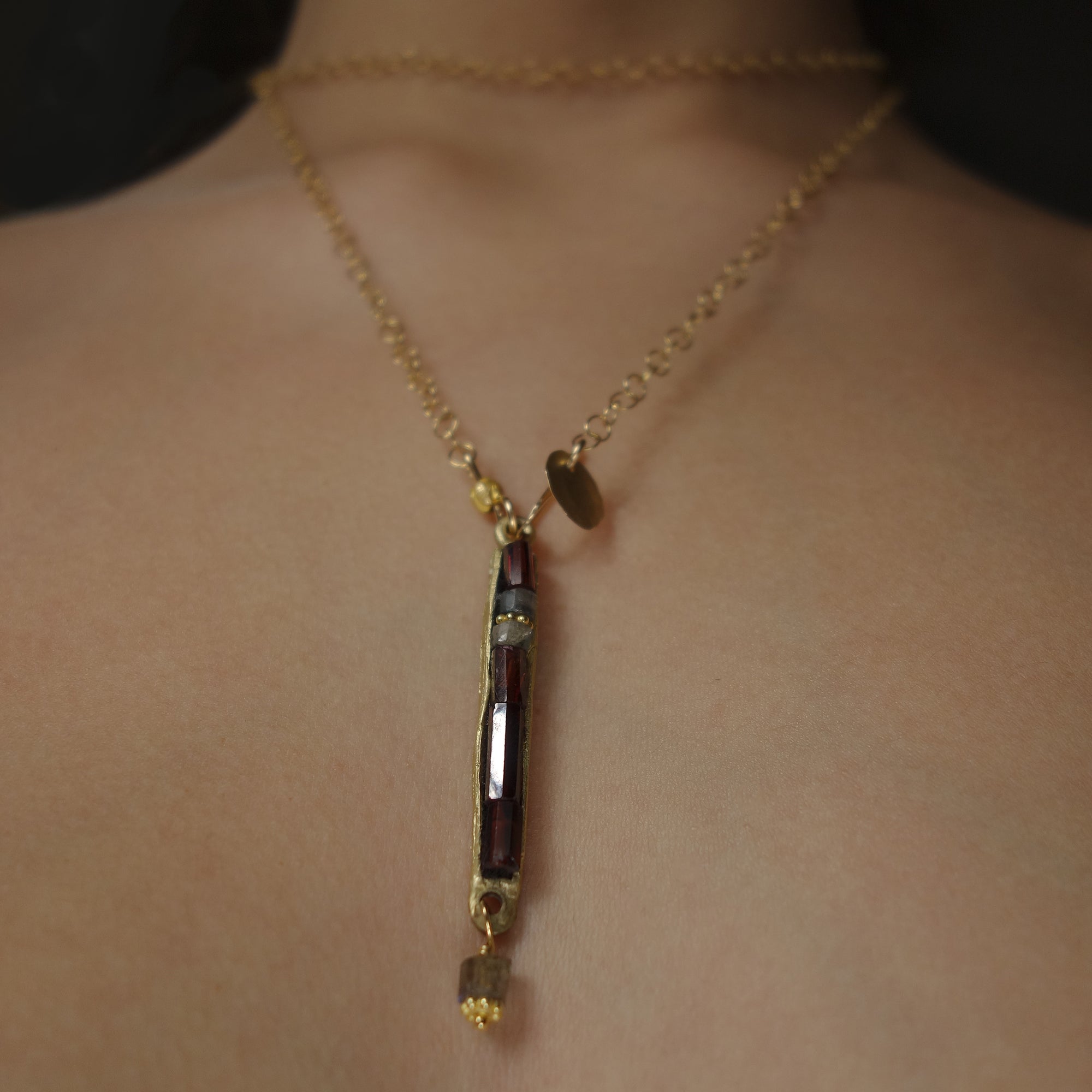 Earthy, Gorgeous, and YES (garnet, gold, labradorite mosaic necklace)