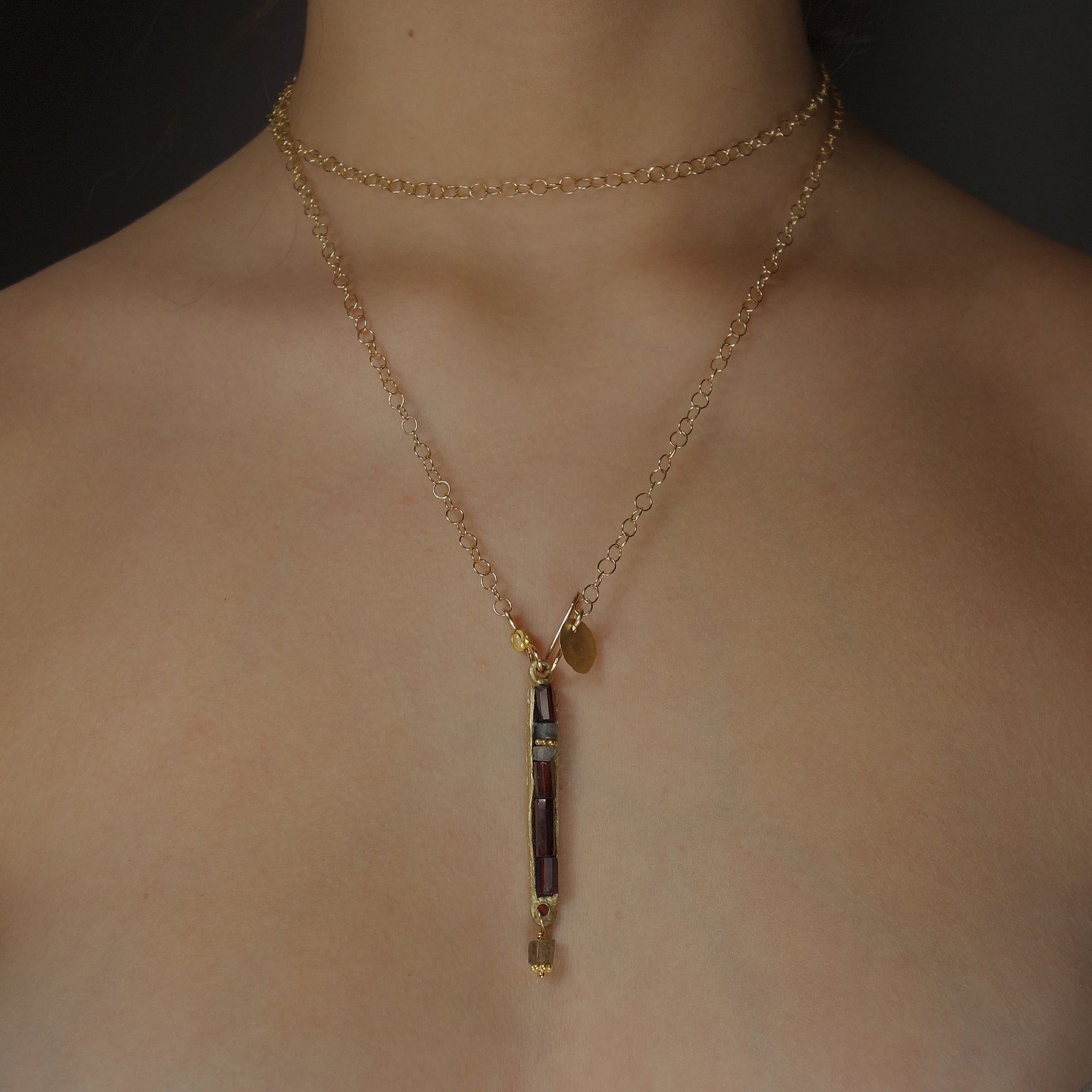 Earthy, Gorgeous, and YES (garnet, gold, labradorite mosaic necklace)