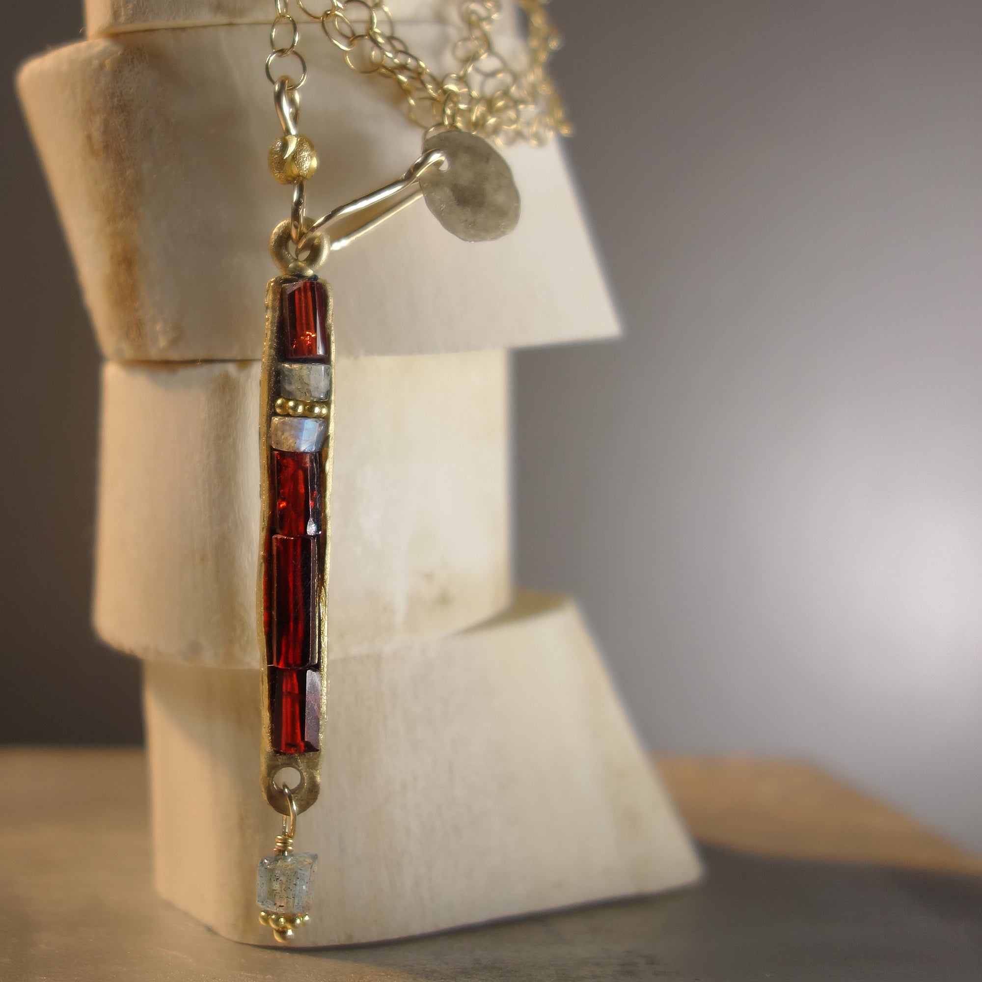 Earthy, Gorgeous, and YES (garnet, gold, labradorite mosaic necklace)