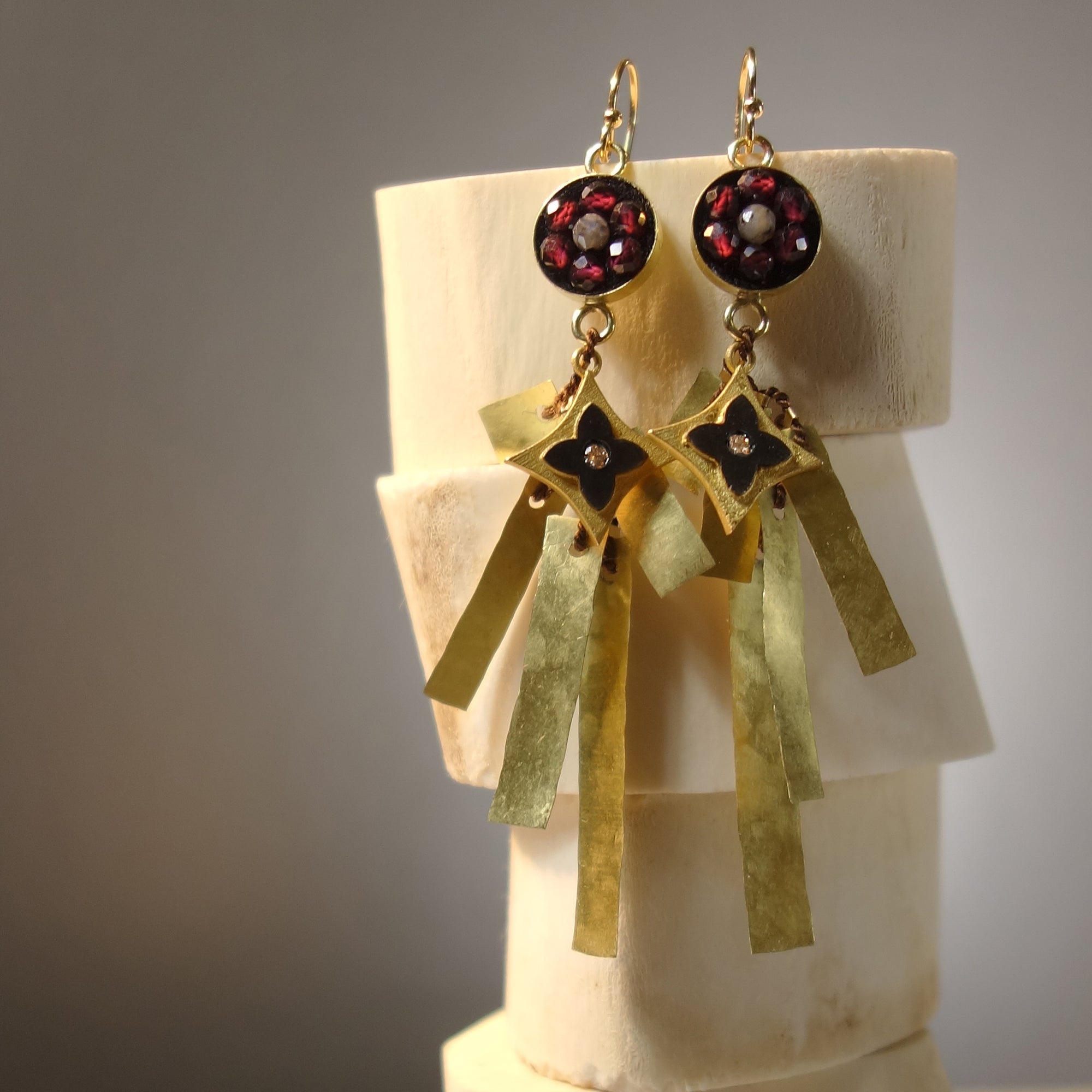 And Yet, She Persisted (garnet, labradorite, gold and diamond earring)
