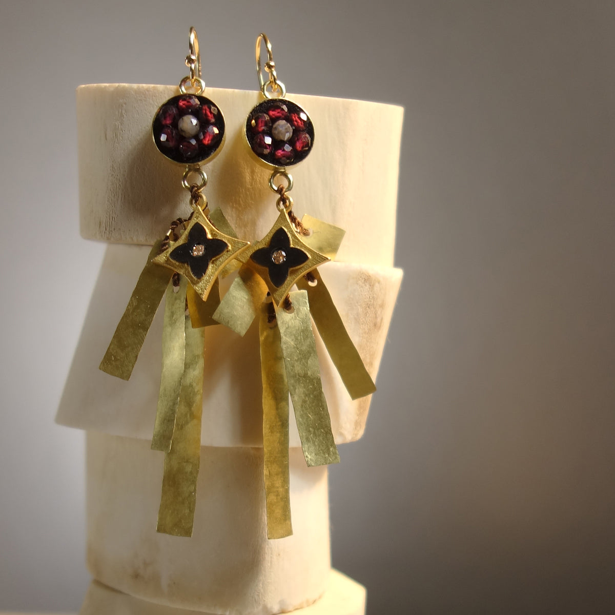 And Yet, She Persisted (garnet, labradorite, gold and diamond earring)