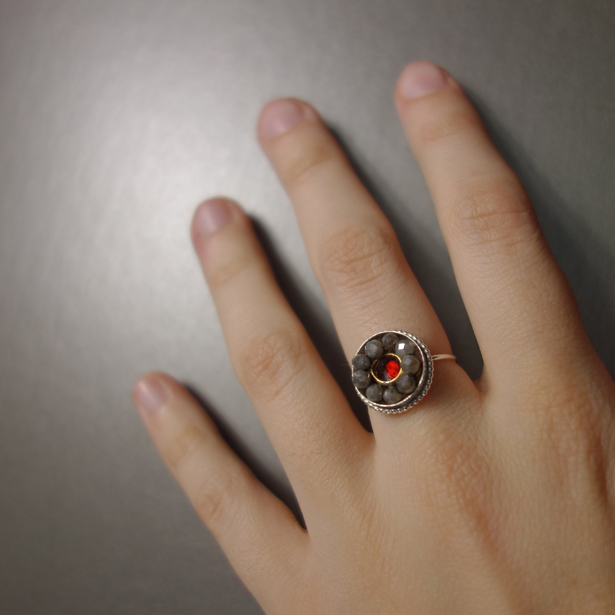 Sealed with a Kiss (garnet and labradorite mosaic ring)