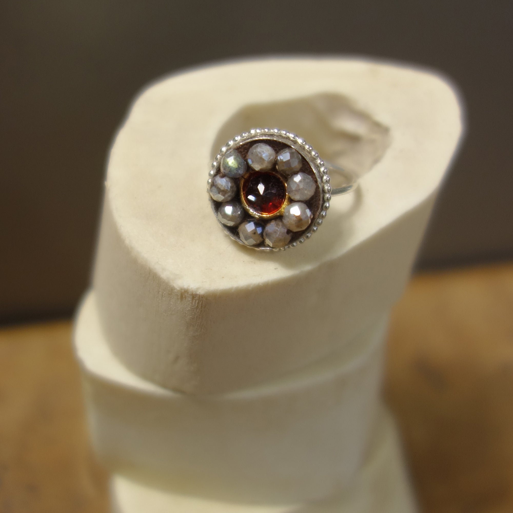 Sealed with a Kiss (garnet and labradorite mosaic ring)
