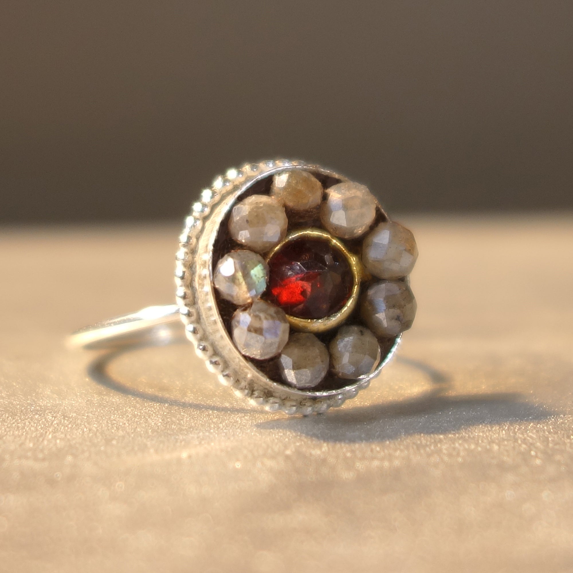 Sealed with a Kiss (garnet and labradorite mosaic ring)
