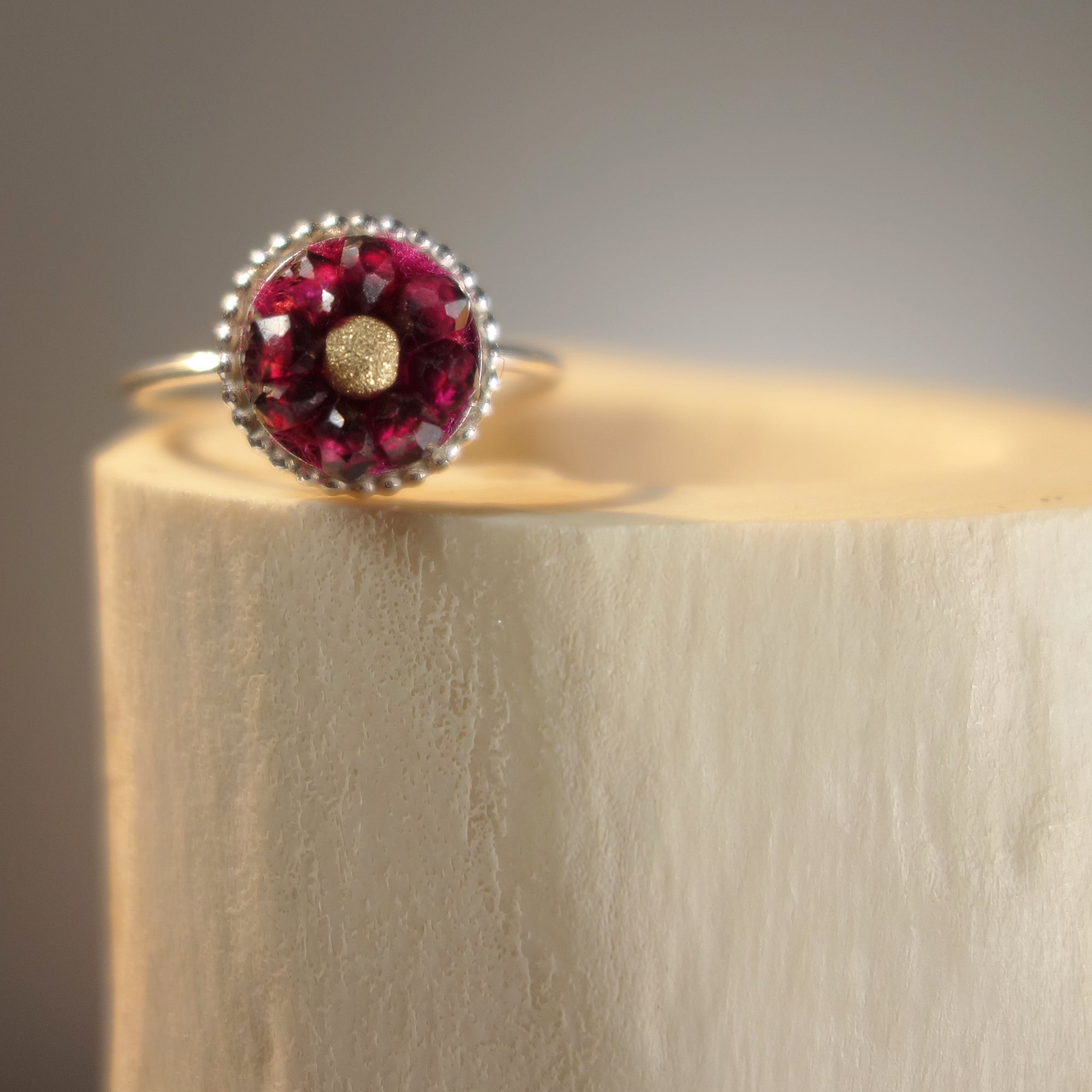 Sweet, Sassy Sophanista (gold and garnet mosaic ring)