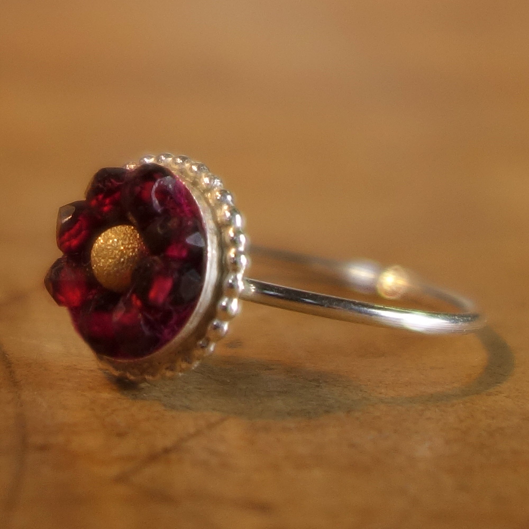 Sweet, Sassy Sophanista (gold and garnet mosaic ring)