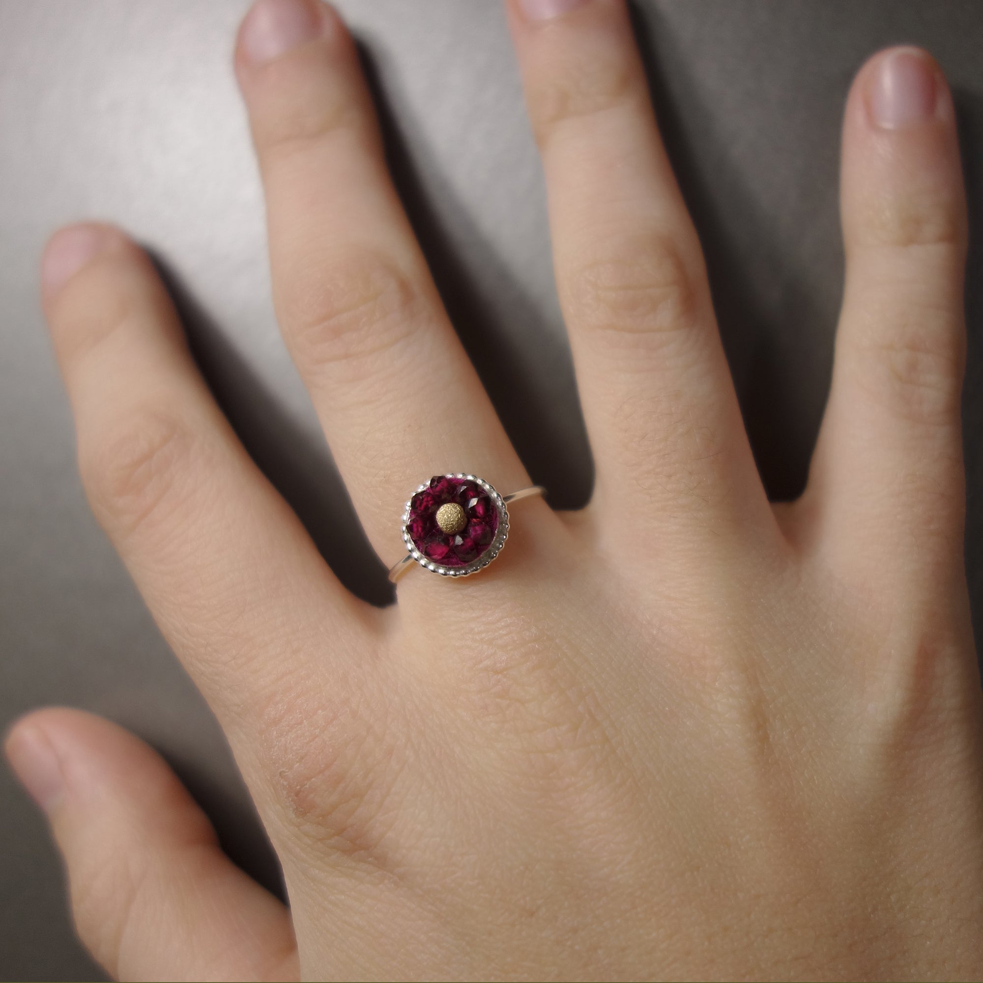 Sweet, Sassy Sophanista (gold and garnet mosaic ring)