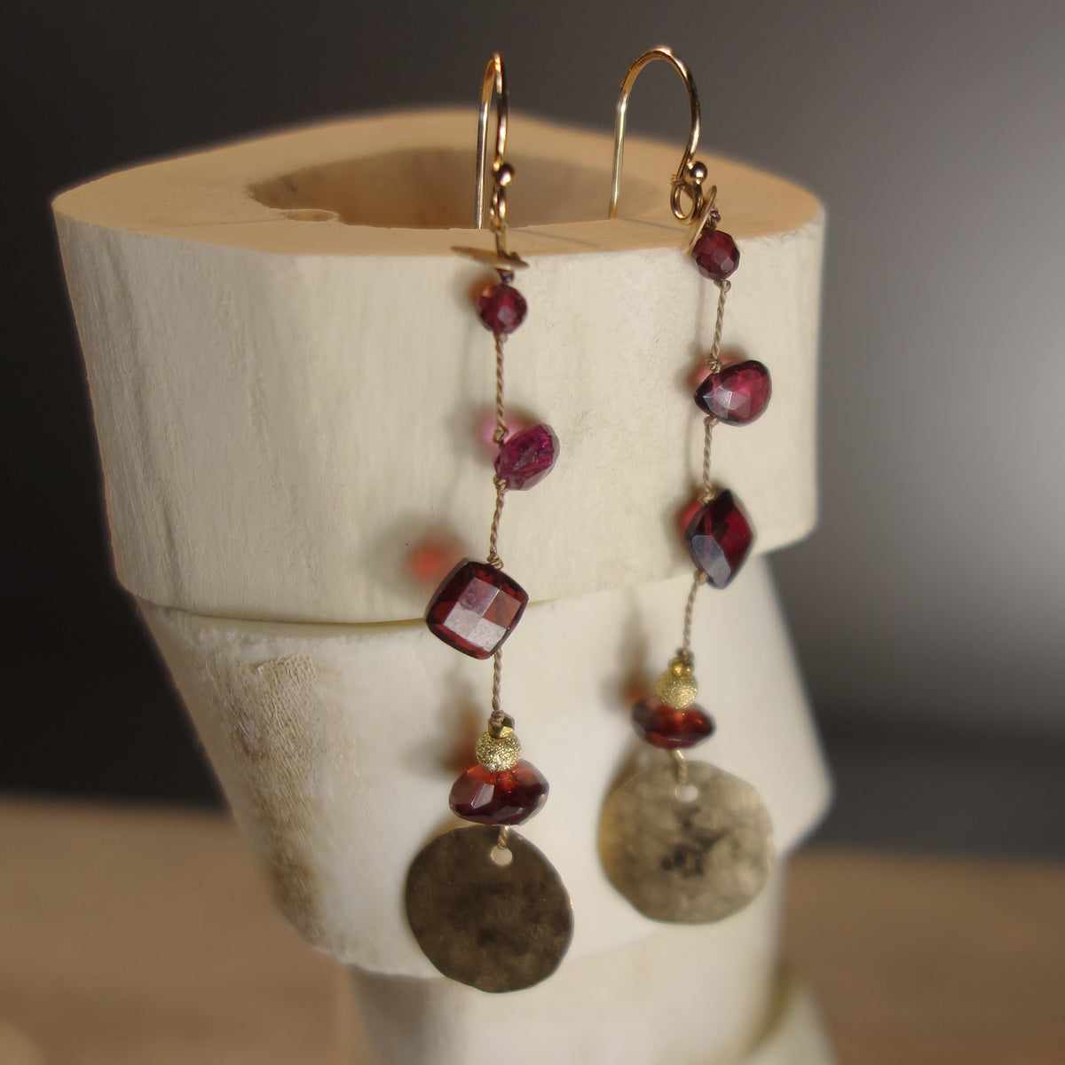 Like Red on a Rose (garnet and gold on silk earring)