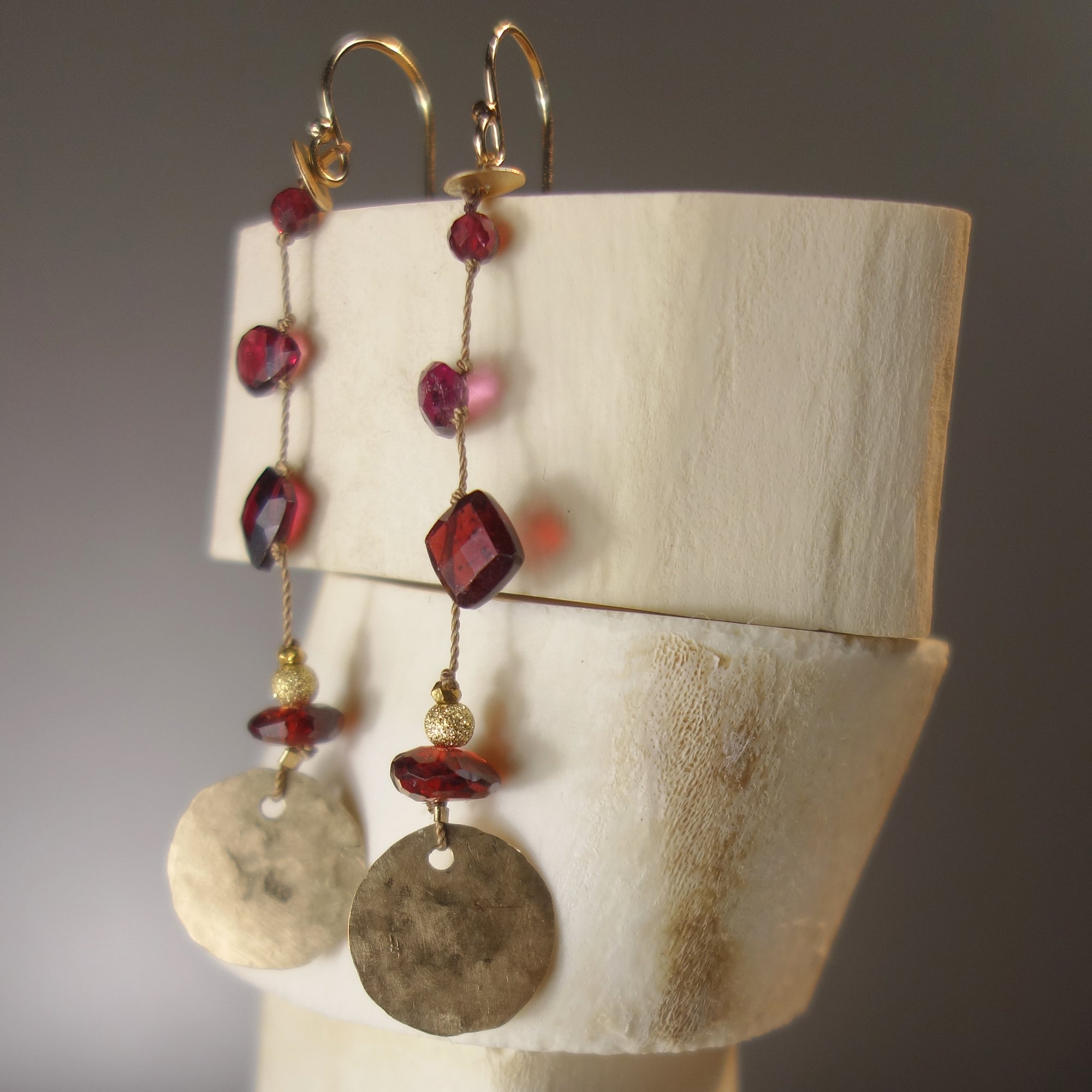Like Red on a Rose (garnet and gold on silk earring)