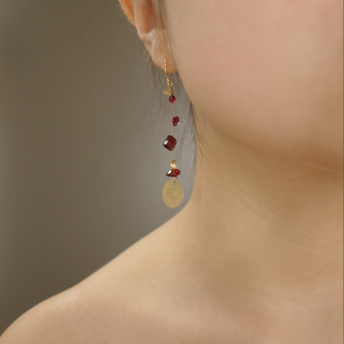Like Red on a Rose (garnet and gold on silk earring)