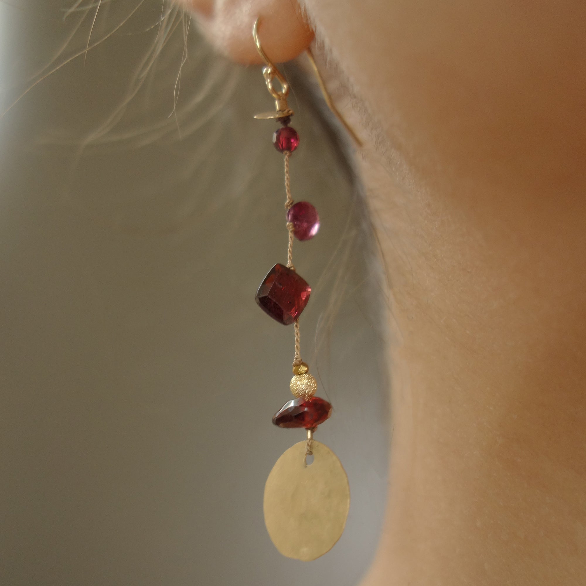 Like Red on a Rose (garnet and gold on silk earring)