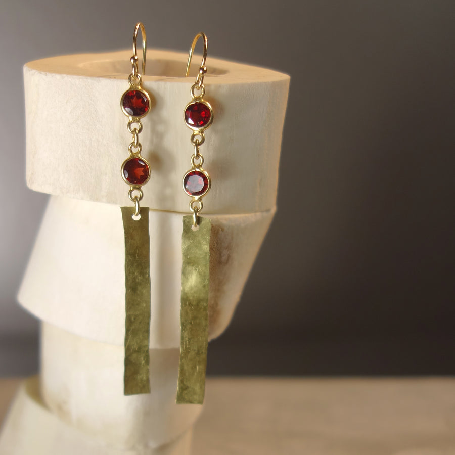 She Shines like Gold in the Sun (garnet, gold, and brass earring)