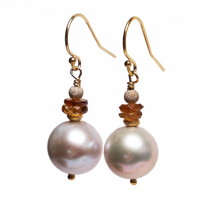 Pearl, Hessonite Garnet, Gold earring