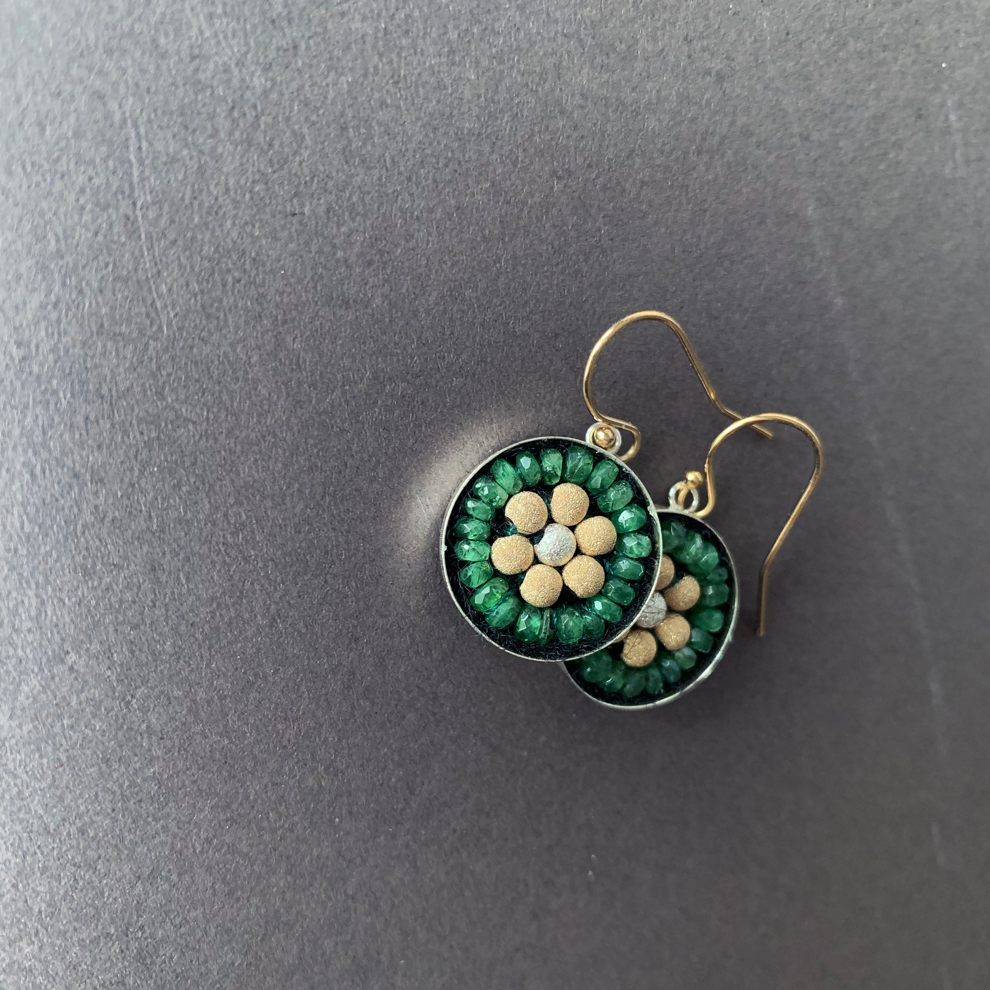 Emerald, Gold, and Silver Mosaic earrings