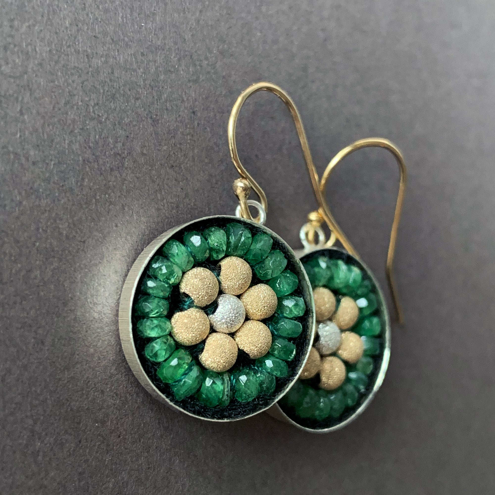 Emerald, Gold, and Silver Mosaic earrings