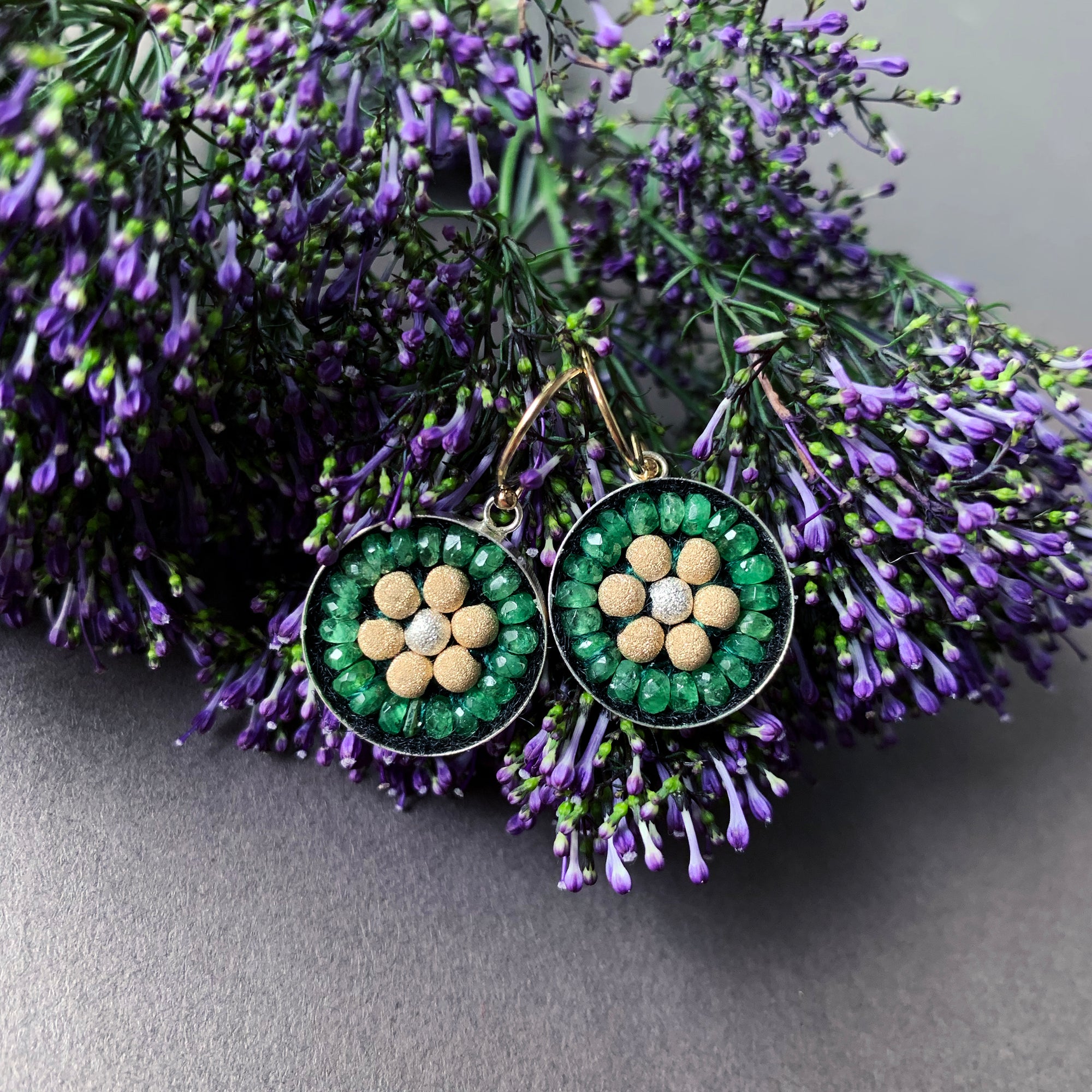 Emerald, Gold, and Silver Mosaic earrings