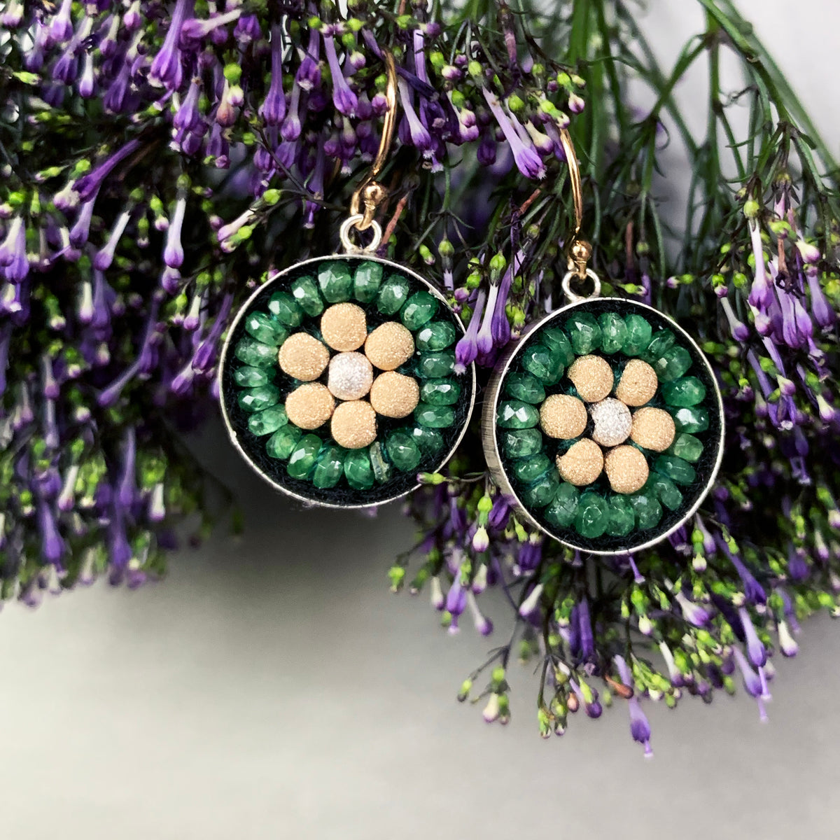 Emerald, Gold, and Silver Mosaic earrings