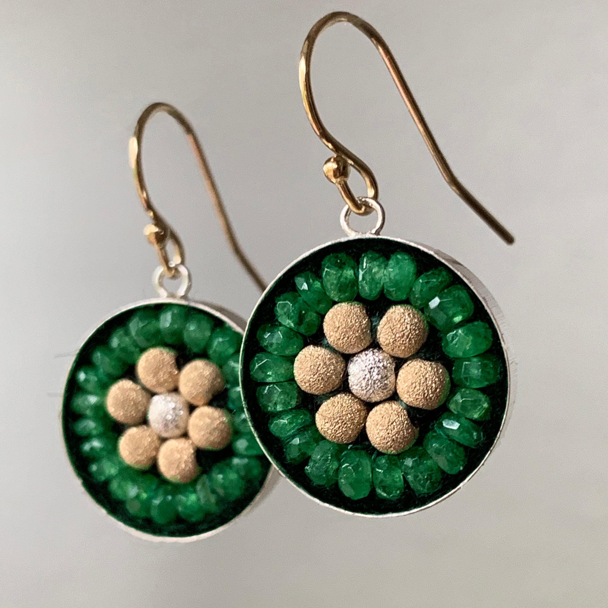 Emerald, Gold, and Silver Mosaic earrings