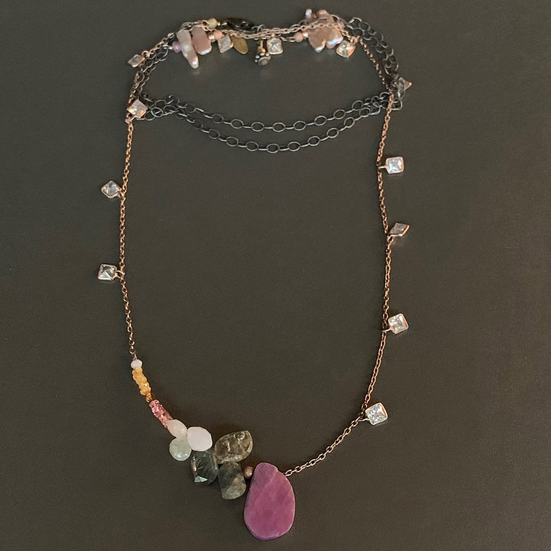 Shine on Harvest Moon (sapphire, opal, and rose gold necklace)