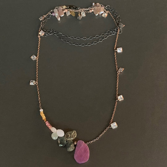 Shine on Harvest Moon (sapphire, opal, and rose gold necklace)