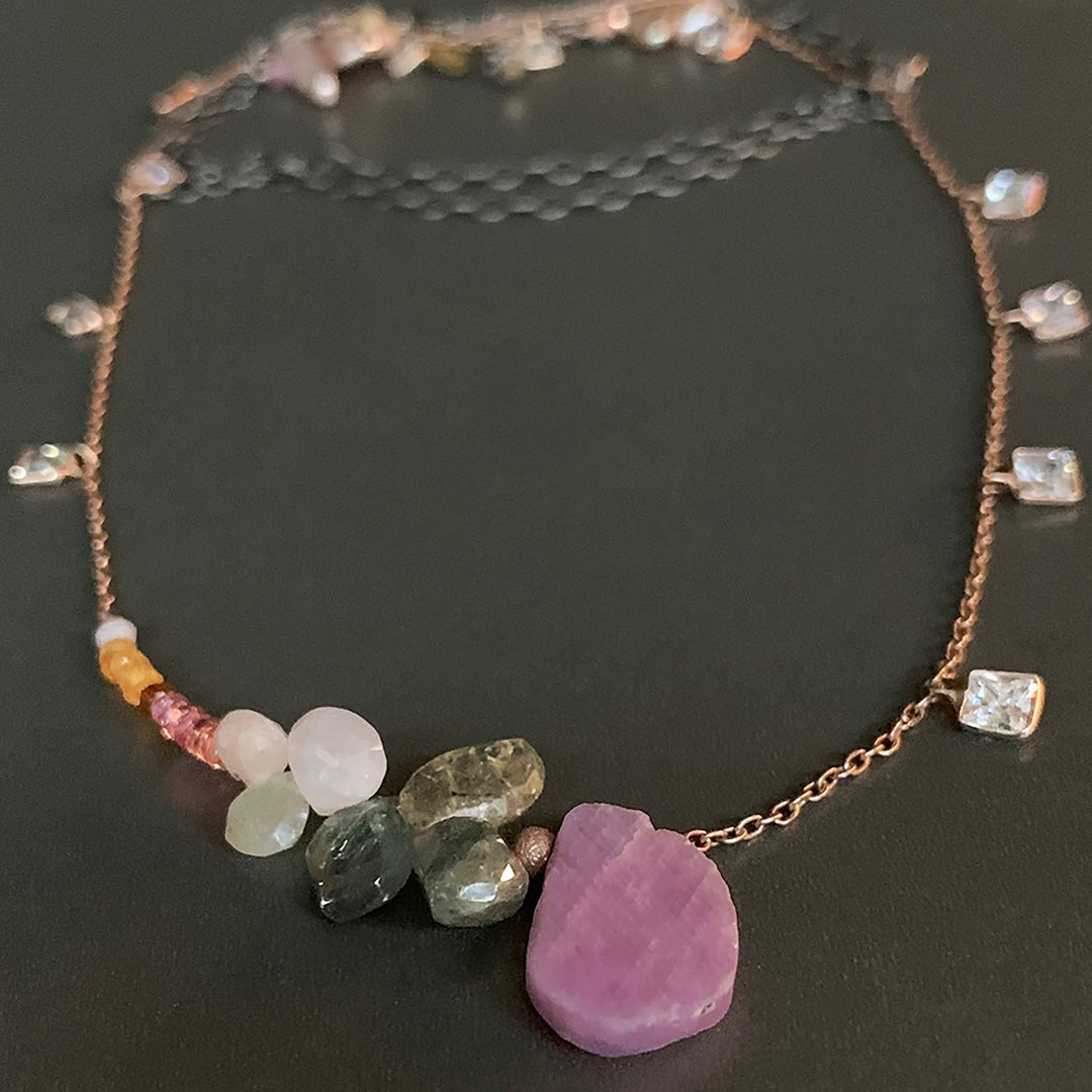 Shine on Harvest Moon (sapphire, opal, and rose gold necklace)