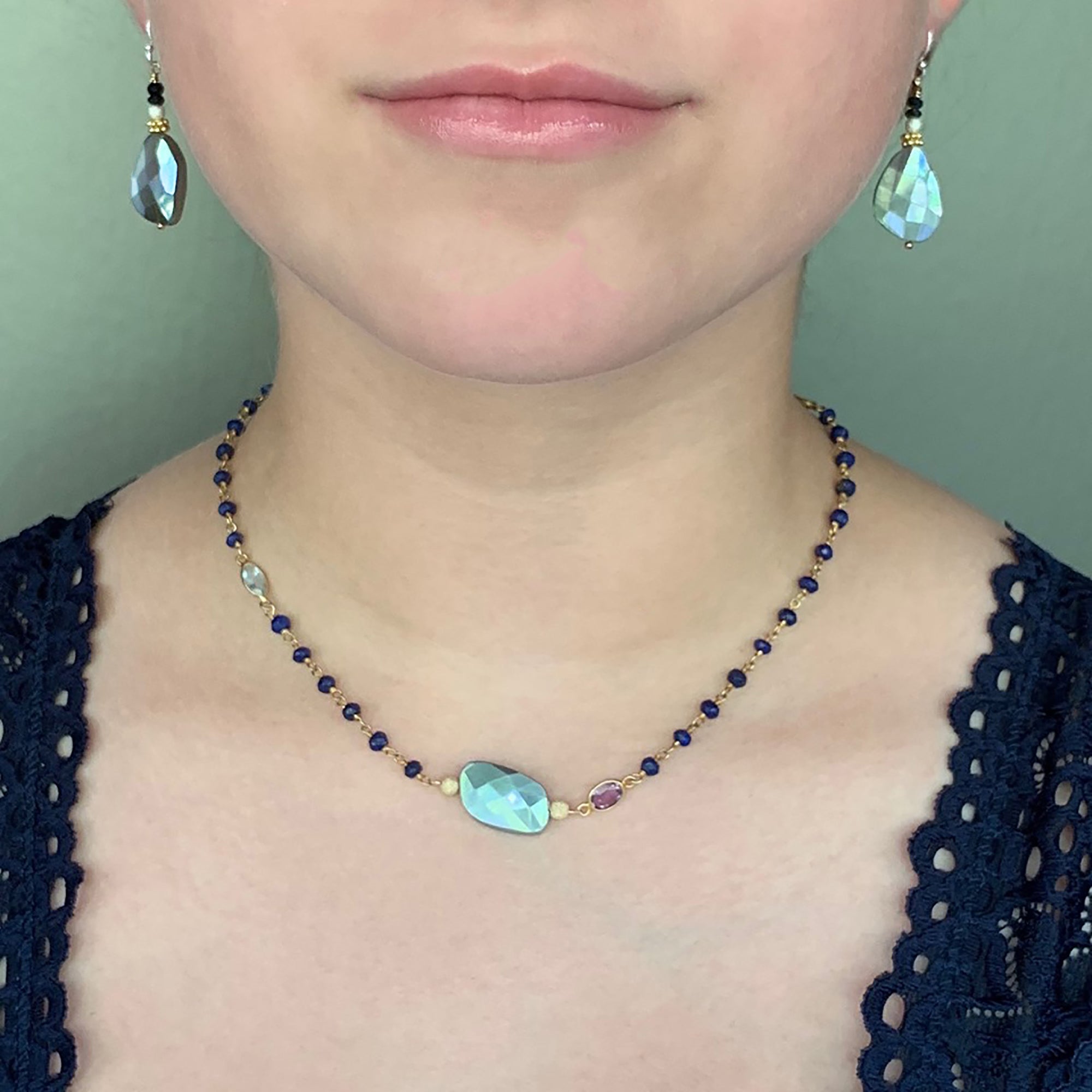 Gold, Silverite, and Blue Sapphire necklace