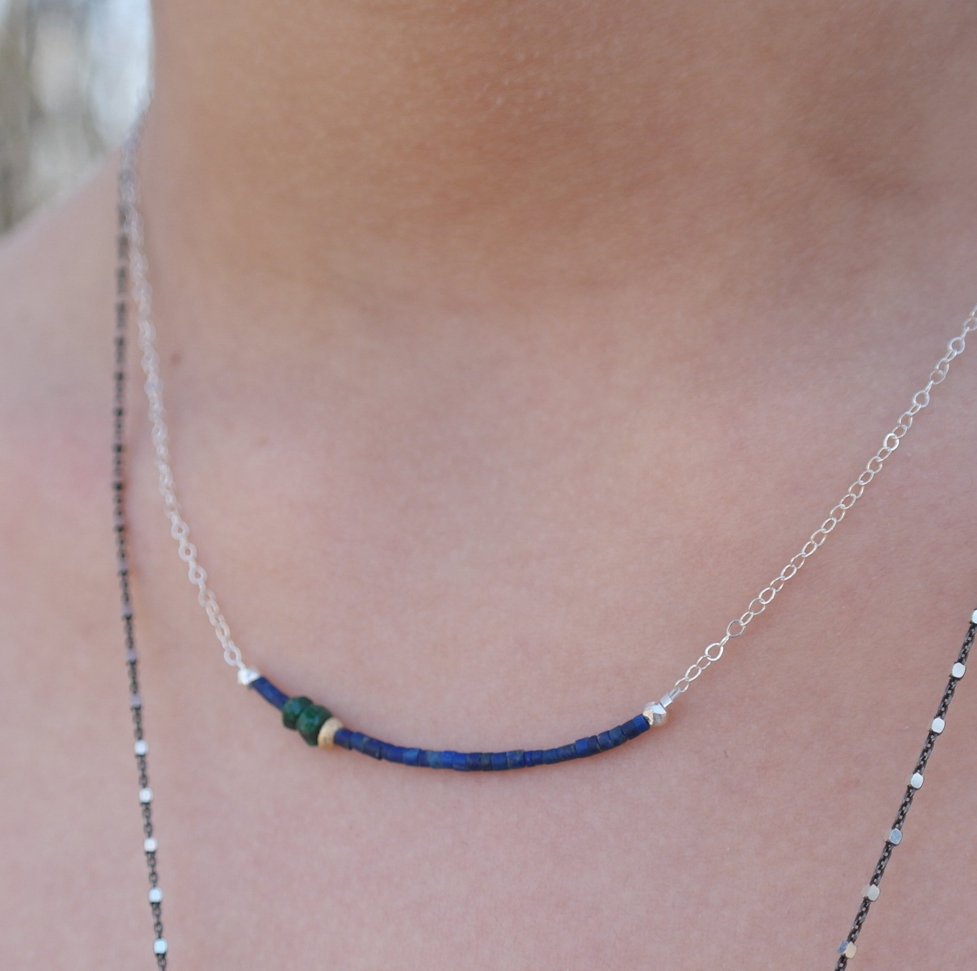 Matte Lapis Necklace with Gold and Malachite on Sterling Silver Chain