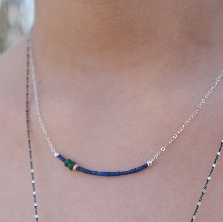 Matte Lapis Necklace with Gold and Malachite on Sterling Silver Chain