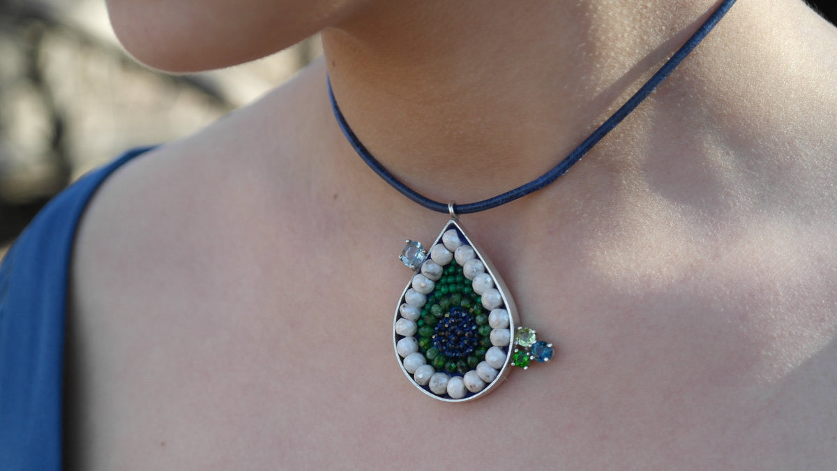 Blue Sapphire, Chrome Diopside, and Emerald Teardrop Necklace