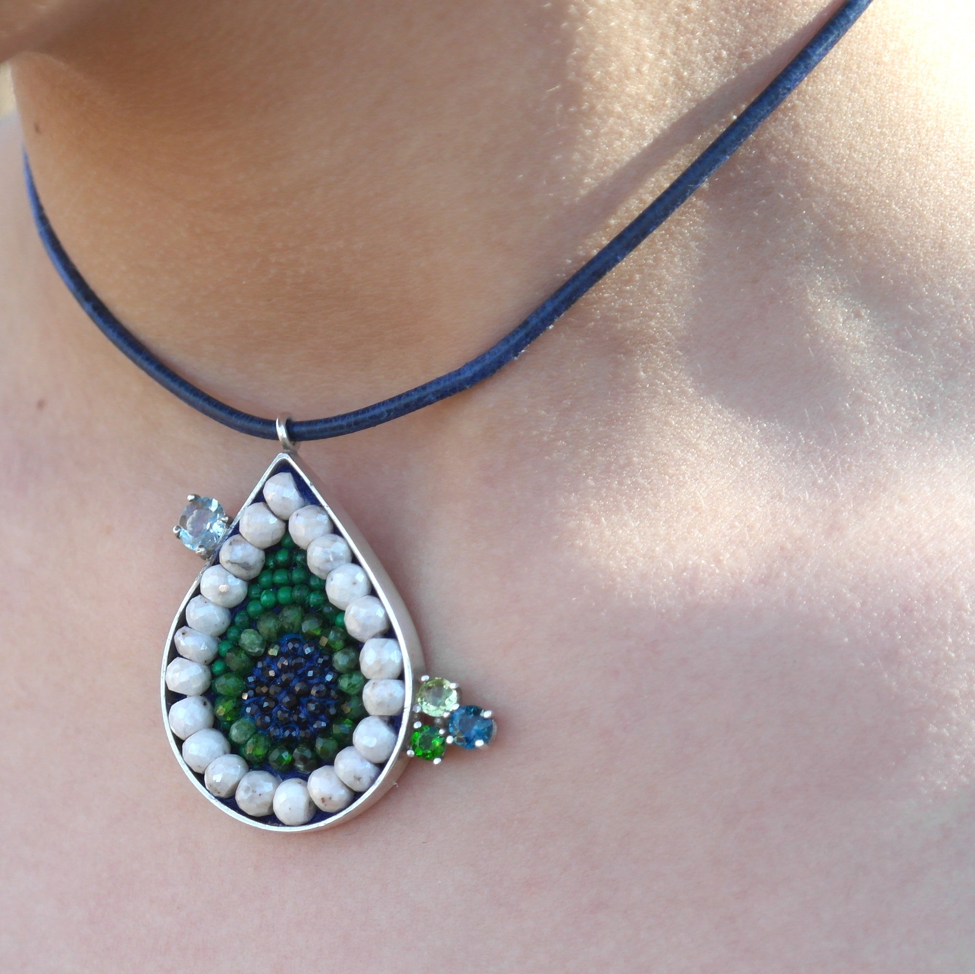Blue Sapphire, Chrome Diopside, and Emerald Teardrop Necklace