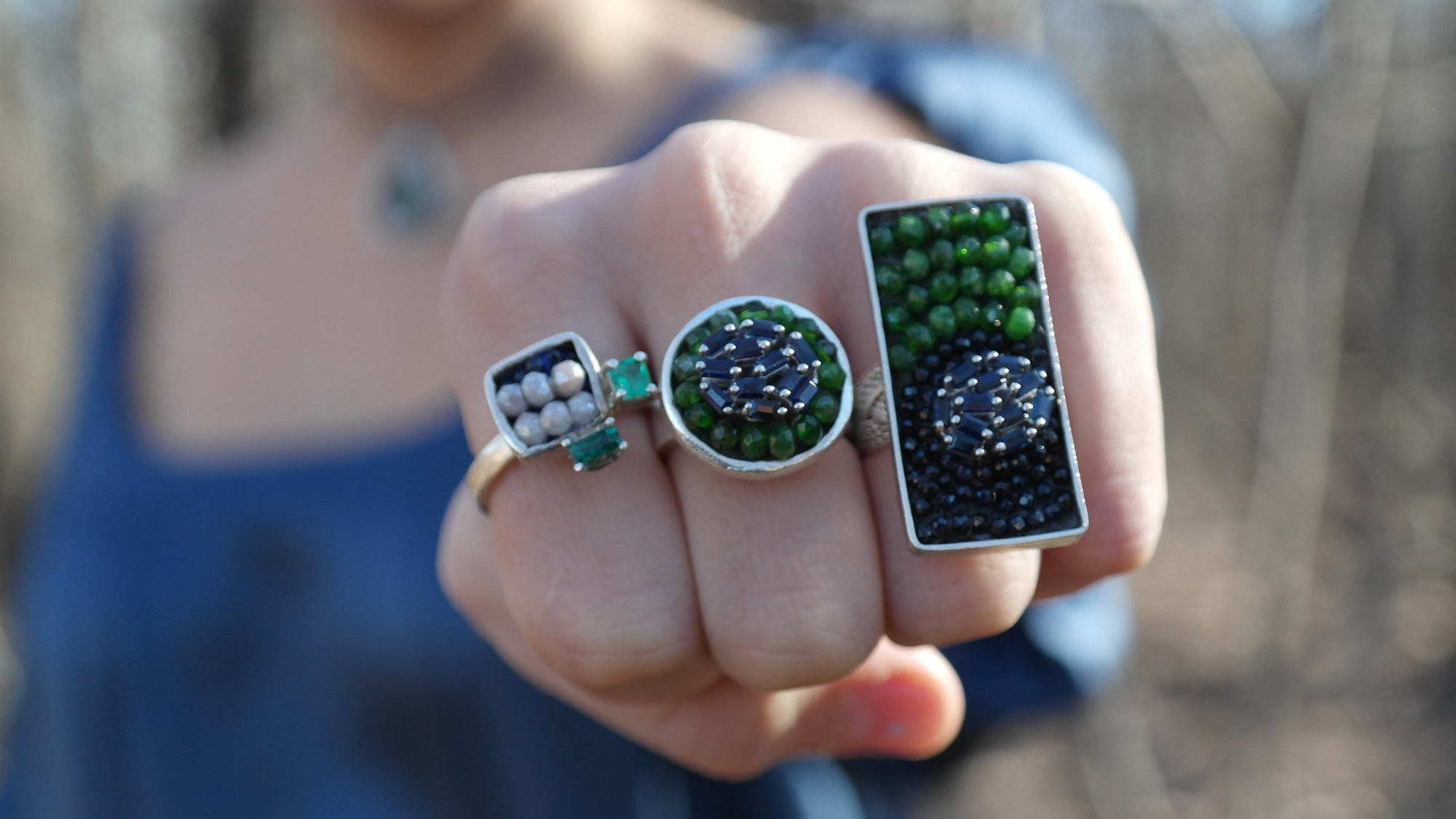 Blue Sapphire and Chrome Diopside Mosaic Ring