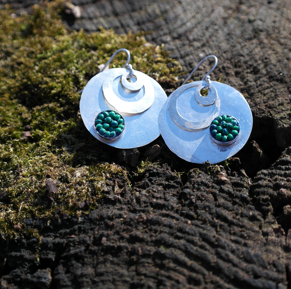 Hand Hammered Silver Coin with Azurite Mosaic Earrings