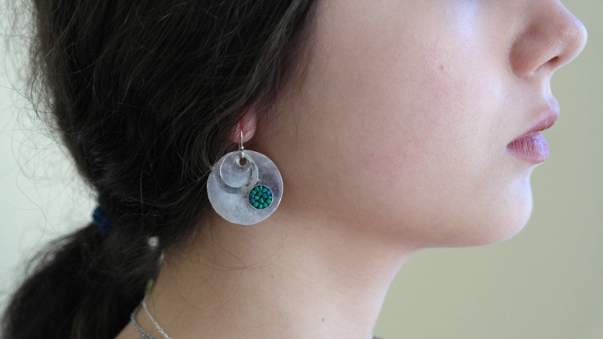 Hand Hammered Silver Coin with Azurite Mosaic Earrings