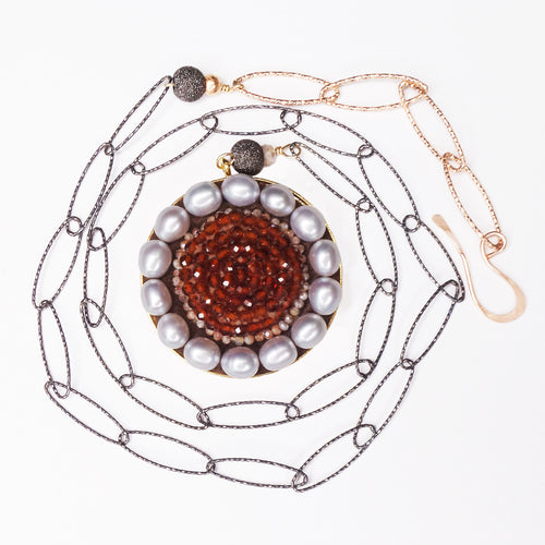 Light My Fire: carnelian, pearl, silver + rose gold necklace