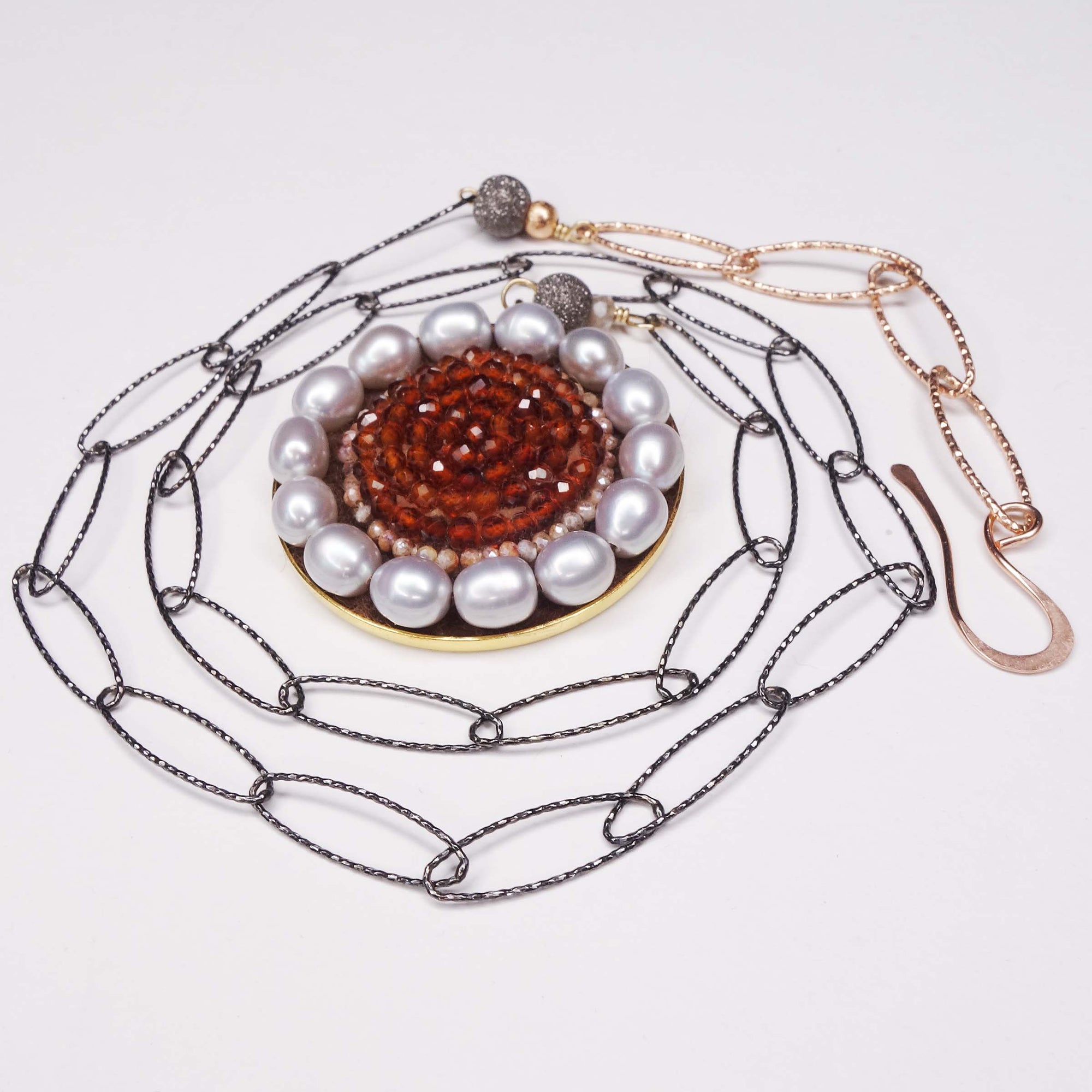 Light My Fire: carnelian, pearl, silver + rose gold necklace