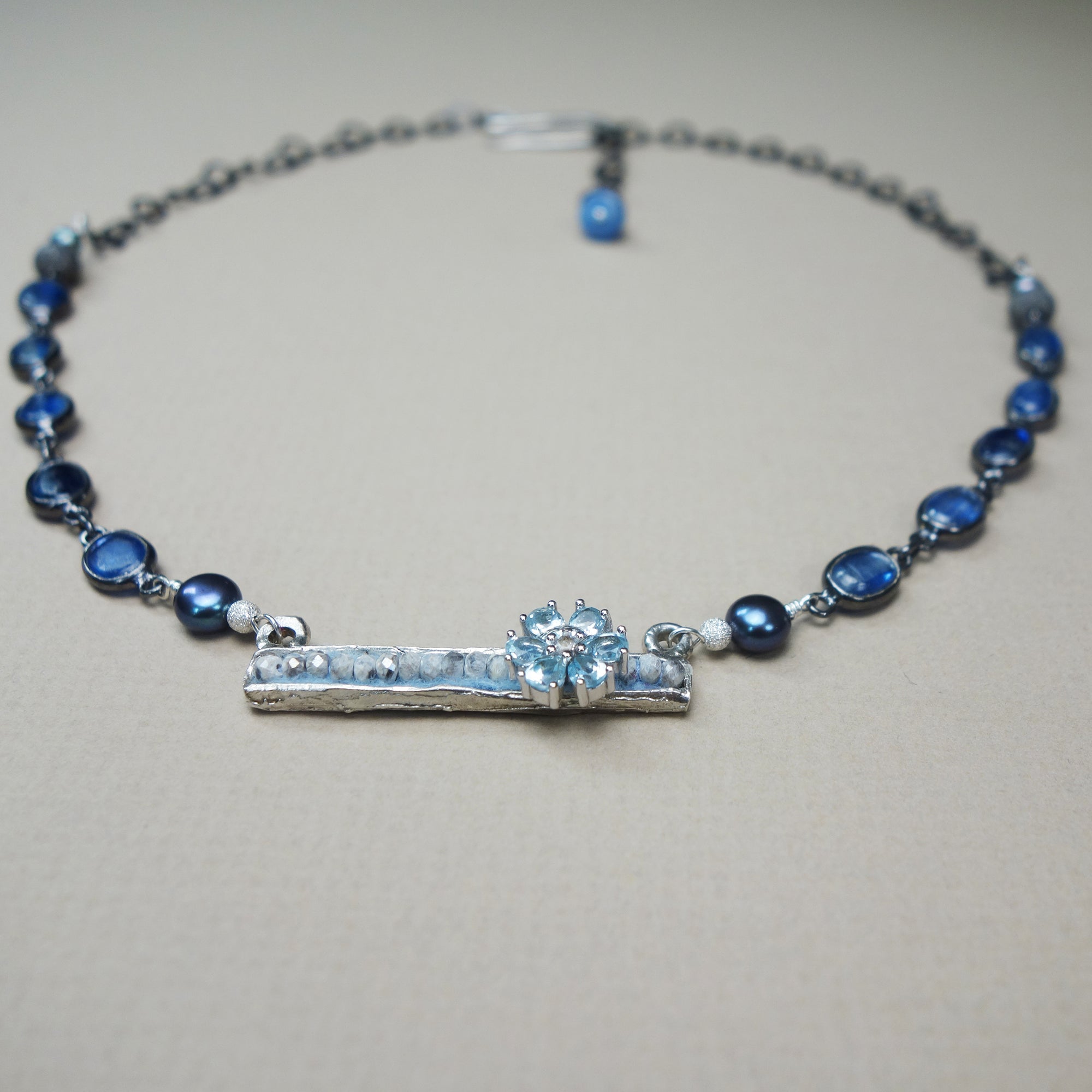 Come Talk to Me: kyanite, pearl, blue topaz mosaic necklace