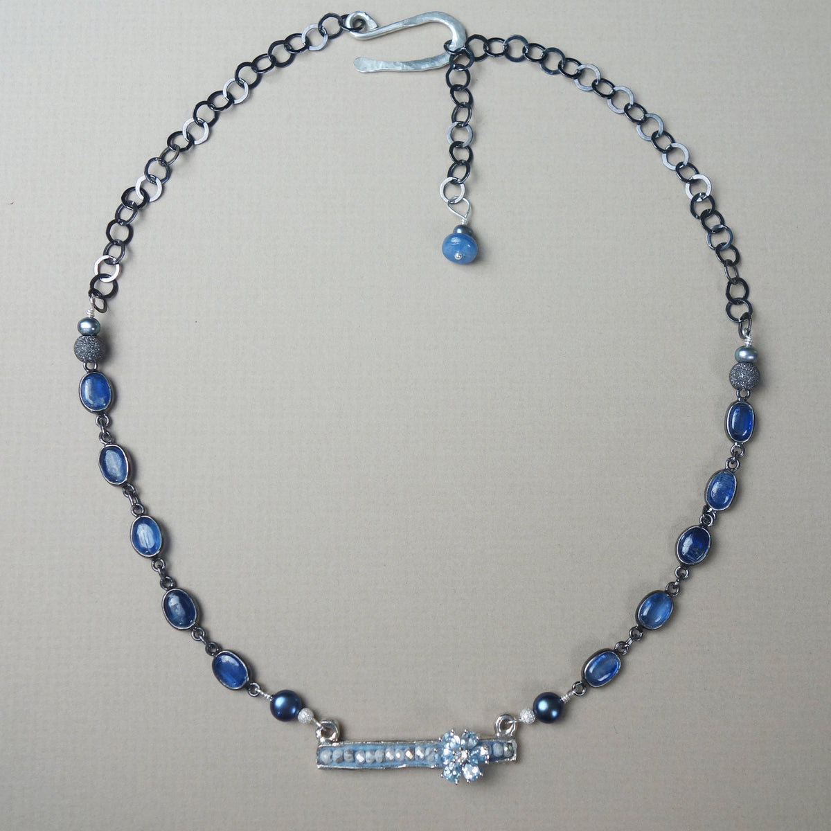 Come Talk to Me: kyanite, pearl, blue topaz mosaic necklace