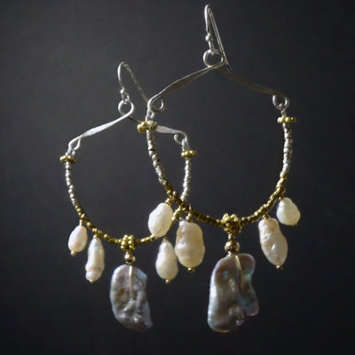 She Honored Her Abuela: pearl, gold, hammered silver hoops