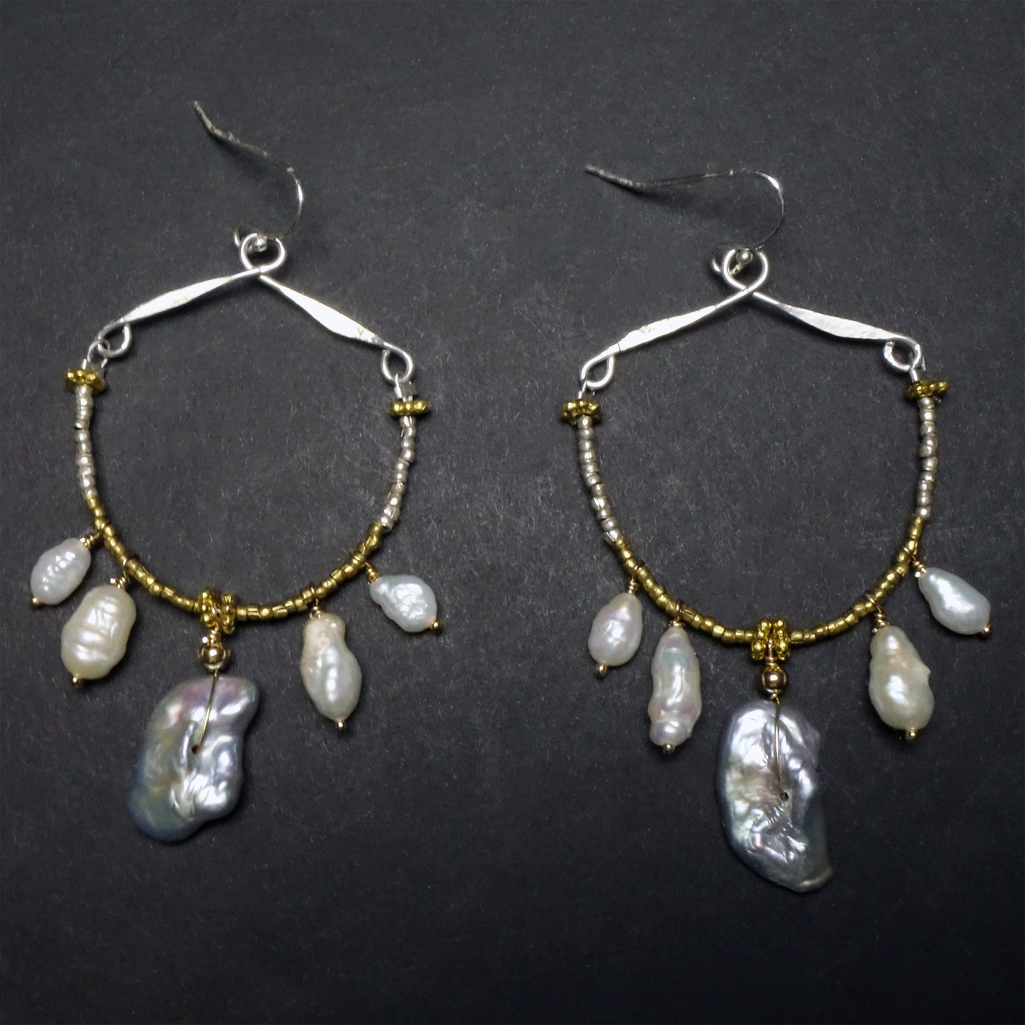 She Honored Her Abuela: pearl, gold, hammered silver hoops