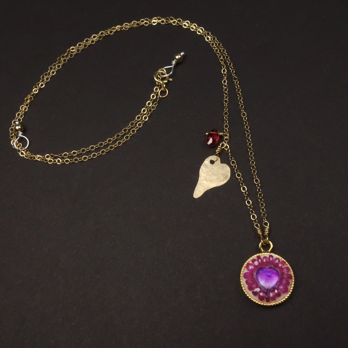 Her Heart Burst, Overjoyed: amethyst heart and ruby mosaic necklace