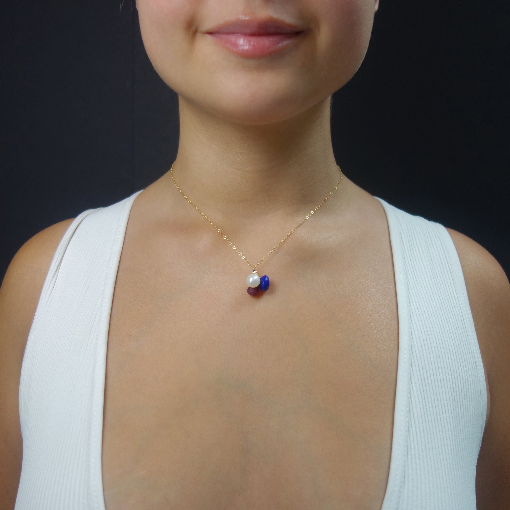 Pearl, Ruby, and Lapis gold necklace