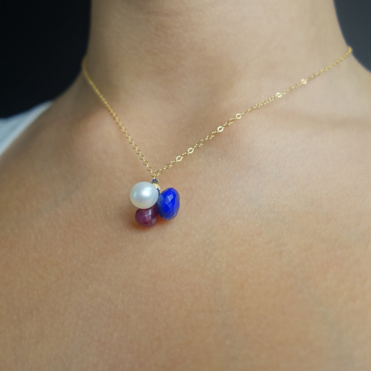 Pearl, Ruby, and Lapis gold necklace